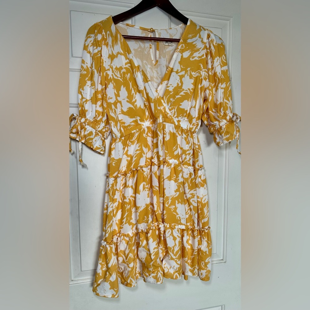 Anthropologie Porridge Yellow Floral Tiered Faux Wrap Mini Dress Womens Size‎ S.